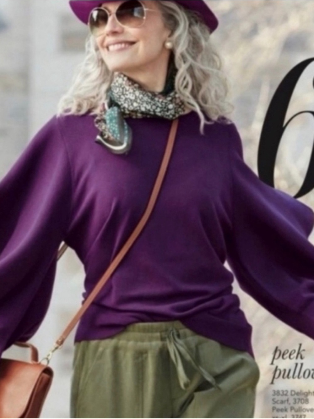 CAbi #3708 Peek Pullover Purple Balloon-Sleeve Pullover Sweater